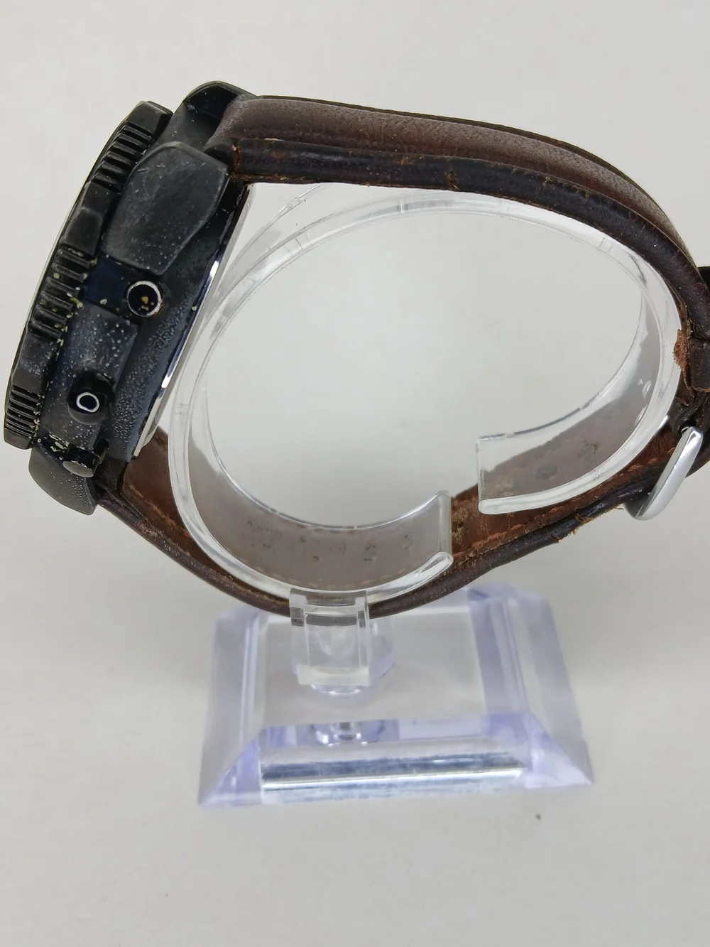​Vintage Mens Dual Display Quartz Alarm Chrono Watch Tachymeter Bezel Brown Band